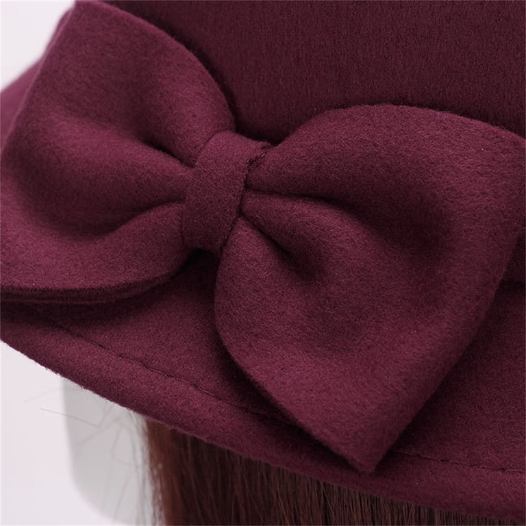 Elegant Burgundy Wool Hat with Bow Amazon.com: Women Fall Summer Winter Wool Vintage Felt  main image 4