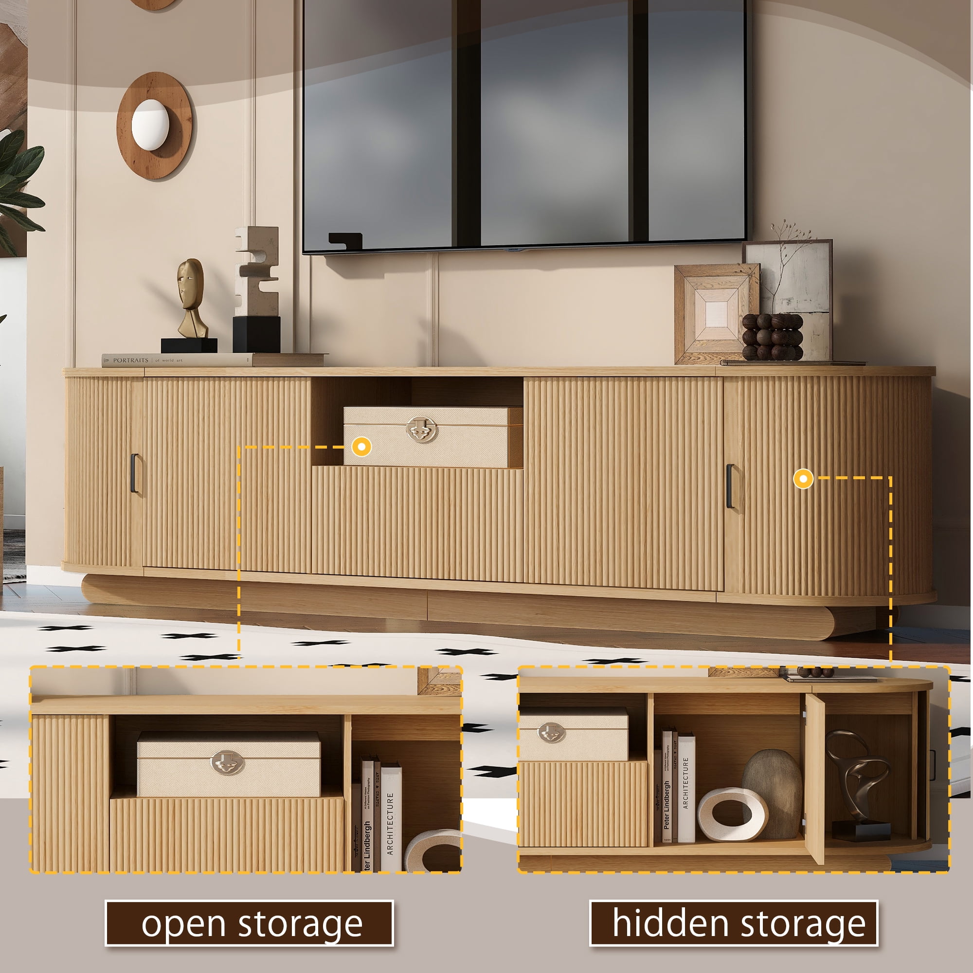 Homy Casa 70.9" TV Stand, Fluted Media Console with Sliding Doors, Natural Wood
