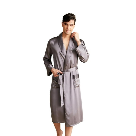 THXSILK Men’s Silk Robe Long Bathrobes, Luxury Lightweight Sleepwear, Two Pockets, Pure Mulberry Silk loungewear, Gray, XS