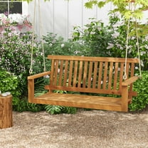 Costway 2-Seat Porch Swing Bench Acacia Wood Chair with 2 Hanging Hemp Ropes for Backyard