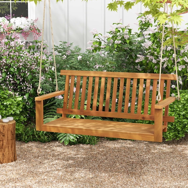 Costway Columpio De Madera De Acacia, Silla Colgante Para Patio Para 2 Personas Con Asiento Y Respaldo De Listones, Con Ganchos Y Cuerdas Para Jardín, Patio, Capacidad De Peso De 360 Kg, Natural