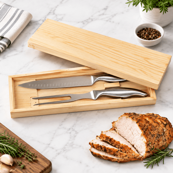 Stainless Steel Carving and Meat Set with Wooden Presentation Box