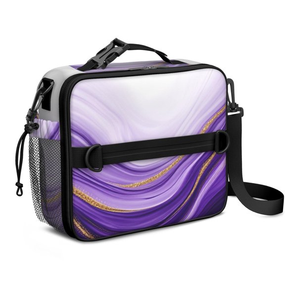 Purple and Gold Marble Pattern Insulated Lunch Bag with Shoulder Strap and Bottle Holder,Bento School Lunch Bag Box,11x9.5x3.5 Inches