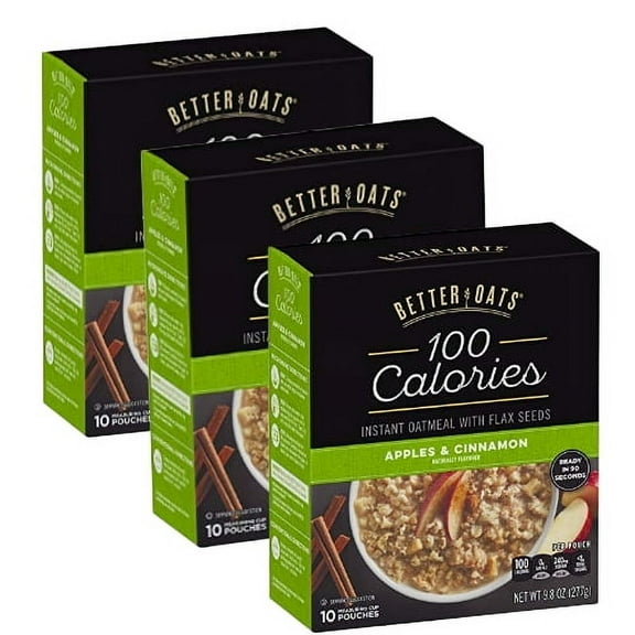 Better Oats 100 Calorie Apples and Cinnamon Oatmeal with Flax Seeds, 10 Instant Oatmeal Packets (3 Pack)