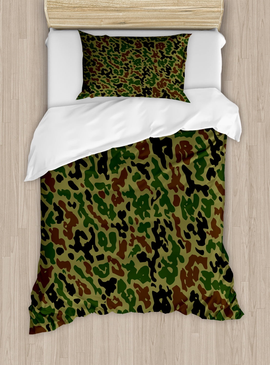 Camouflage Duvet Cover Set Twin Size, Green Camo Pattern Abstract