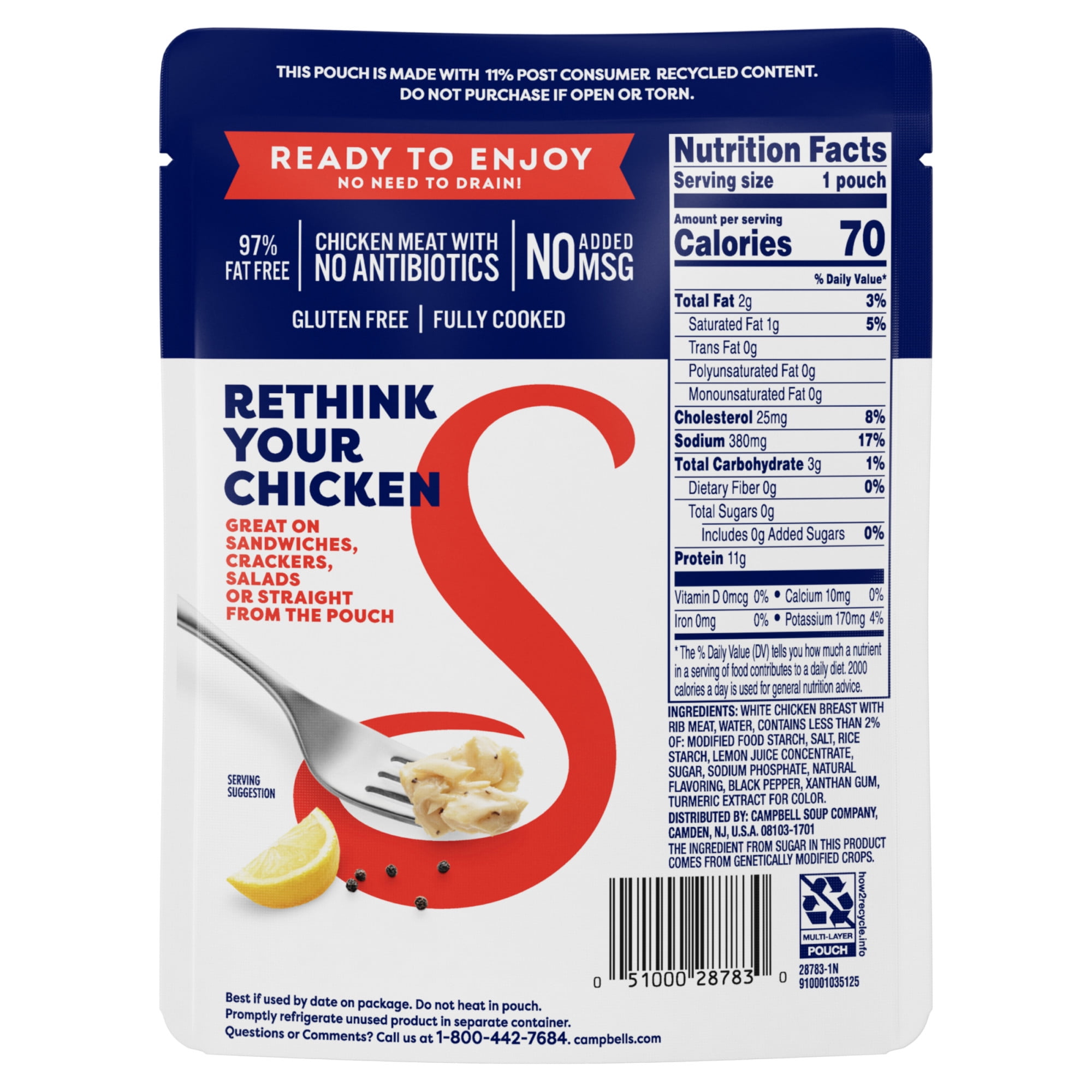 (6 pack) Swanson Lemon and Coarse Ground Pepper White Chunk Fully Cooked Chicken, Ready to Eat, Simple on-the-Go Meals, 2.6 oz Pouch