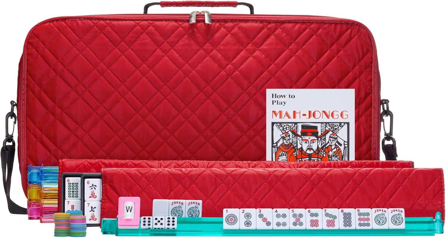 American Mahjong Set “Red - Quilted PU Leather Carrying Bag with Shoulder Strap & Handles, All-in-One Tile Racks with Pushers, 166 Engraved Tiles, Dice, Bettor, Extra Tiles & Instructions