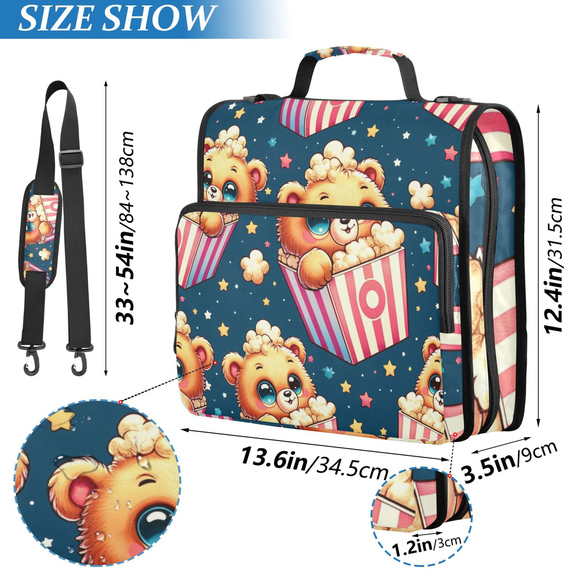 3 Ring Zipper Binder with Shoulder Strap Waterproof Trapper Keeper 2 Inch D-Ring 500 Sheets Capacity Cute Bear in Popcorn