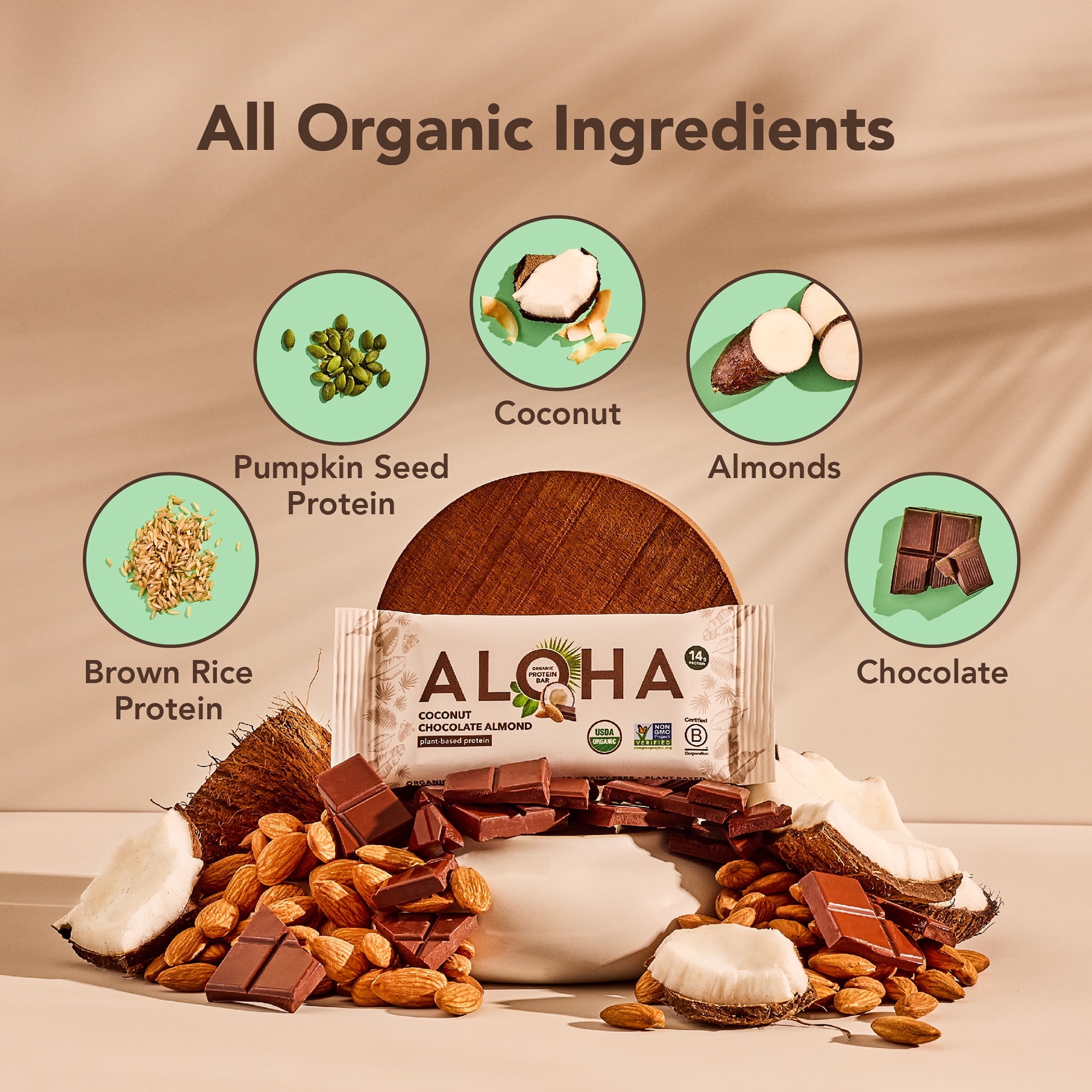 Aloha Plant Based Protein Bars, 14g Protein, Coconut Chocolate Almond, 5 Pack