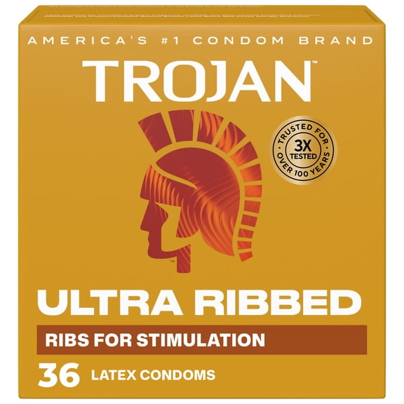 Trojan Ultra Ribbed Premium Latex Lubricated Thin Condoms for Men, 36 Count