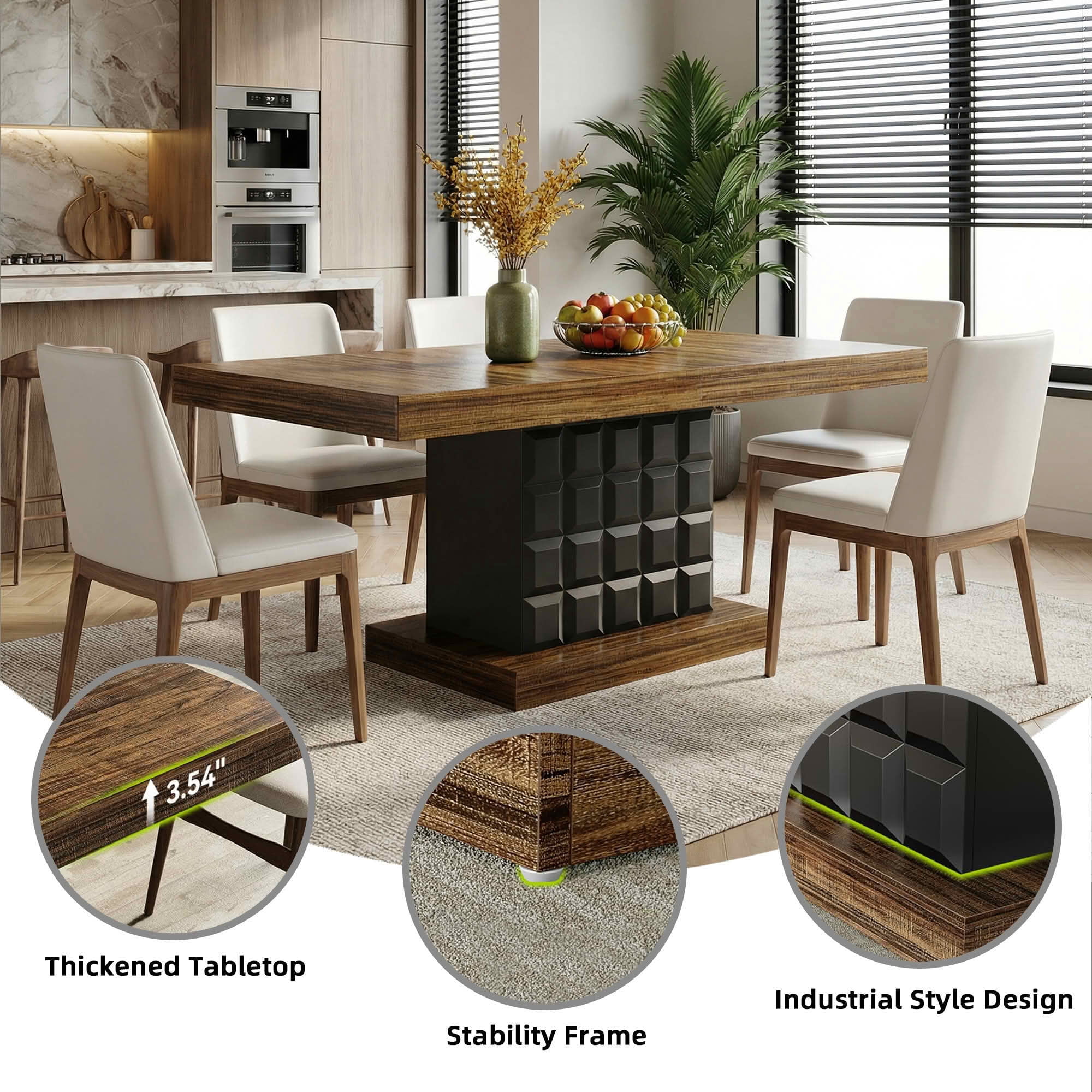MAYEERTY 63" Modern Geometric Dining Table, Brown MDF Top Cubed Black Base Kitchen Table