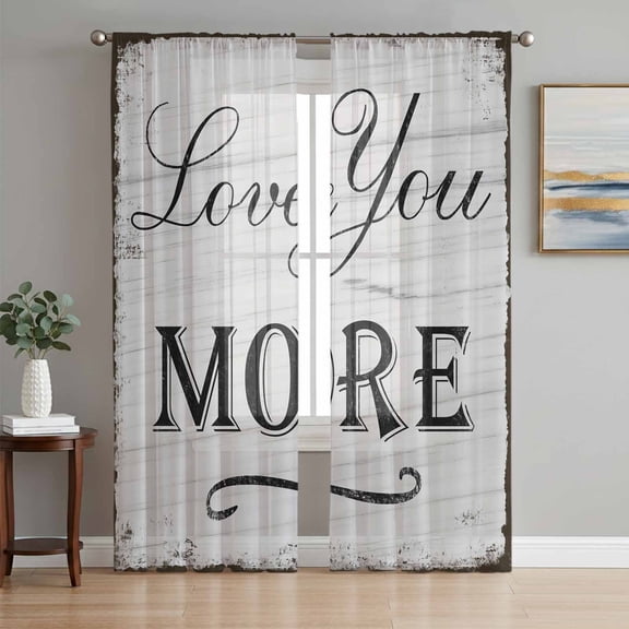 Valentine's Day Sheer Curtains 96 Inch Length 2 Panels Set, Love You Vintage Wood Stripes Gray Voile Window Treatment Semi Sheer Long Curtains Drapes for Bedroom/Living Room/Kitchen 52"x96"x2