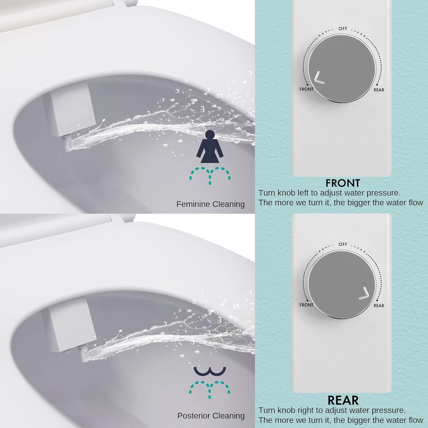 ADDOT Ultra-Slim Bidet Attachment for toilet - Easy Left/Right Hand, 3 Color Knob Installation(Silver, White, Black), Dual Nozzle (Feminine/Posterior Wash), Adjustable Water Pressure, Non-Electric