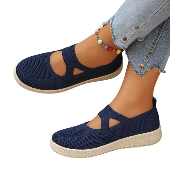 Domzle Orthopedic Shoes for Women Wide Width Breathable Knit Slip On Walking Sneakers with Arch Support Comfortable Lightweight Non Slip Casual Work Shoes Blue 41