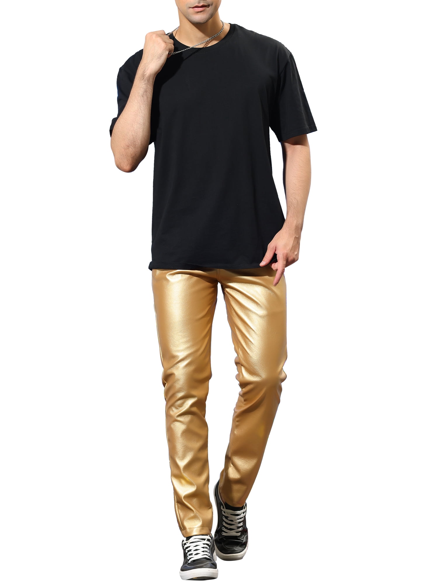 INSPIRE CHIC Men's Pants Faux Leather Slim Fit Zip-Fly Solid Pants 36 Golden