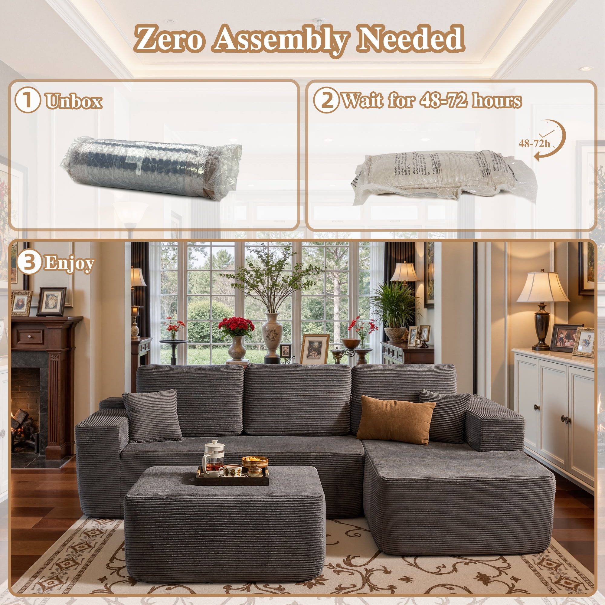 Ovios 106" Cloud Sofa Couch No Assembly Boneless Deep Seat Sofa with Ottoman for Living Room, Gray (Corduroy)