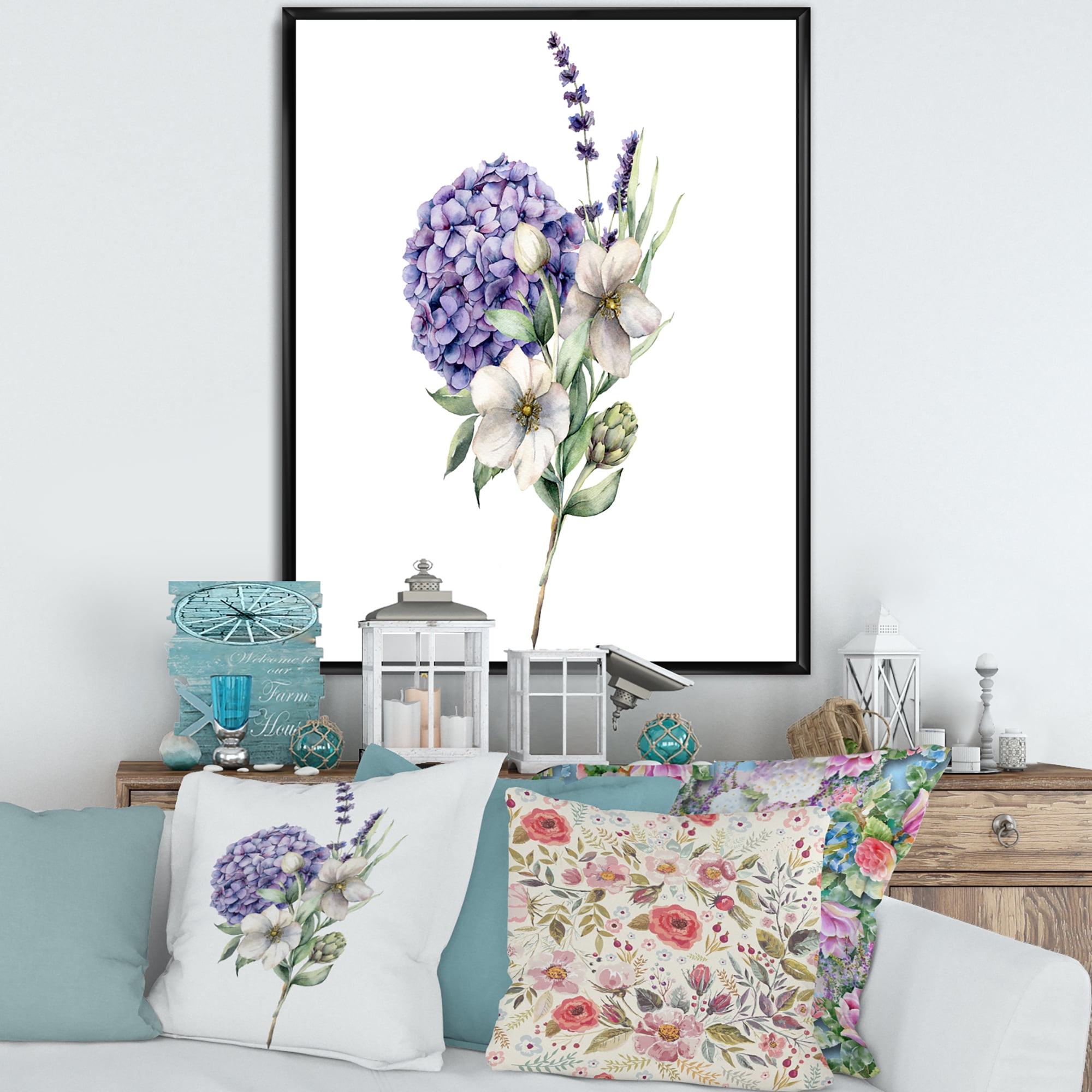 Bouquet Of Lavender Anemone Artichoke & Hydrangea 12 in x 20 in Framed Painting Canvas Art Print, by Designart