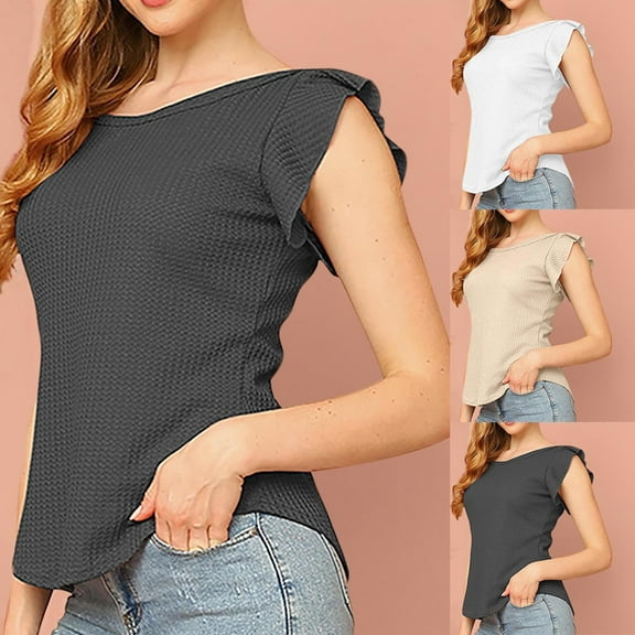 Olyvenn Women Crochet Plain Tshirts Slim Tunics Tops Tee for Women Ruffle Cap Sleeve Crew Neck Summer Spring Shirts 2025 Y2K Beige 6