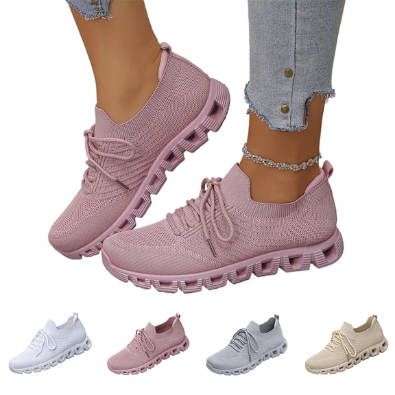 EKVAHL Women's Knit Upper Running Sneakers, Low Top Non Slip Tennis Sneakers, Solid Color Elastic Fit Athletic Sneakers Lace-Up Walking Shoes for Training Hiking Pink