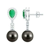 Rosec Jewels 10.25 CT Tahitian Pearl Drop Earrings with Emerald and Diamond, 925 Sterling Silver