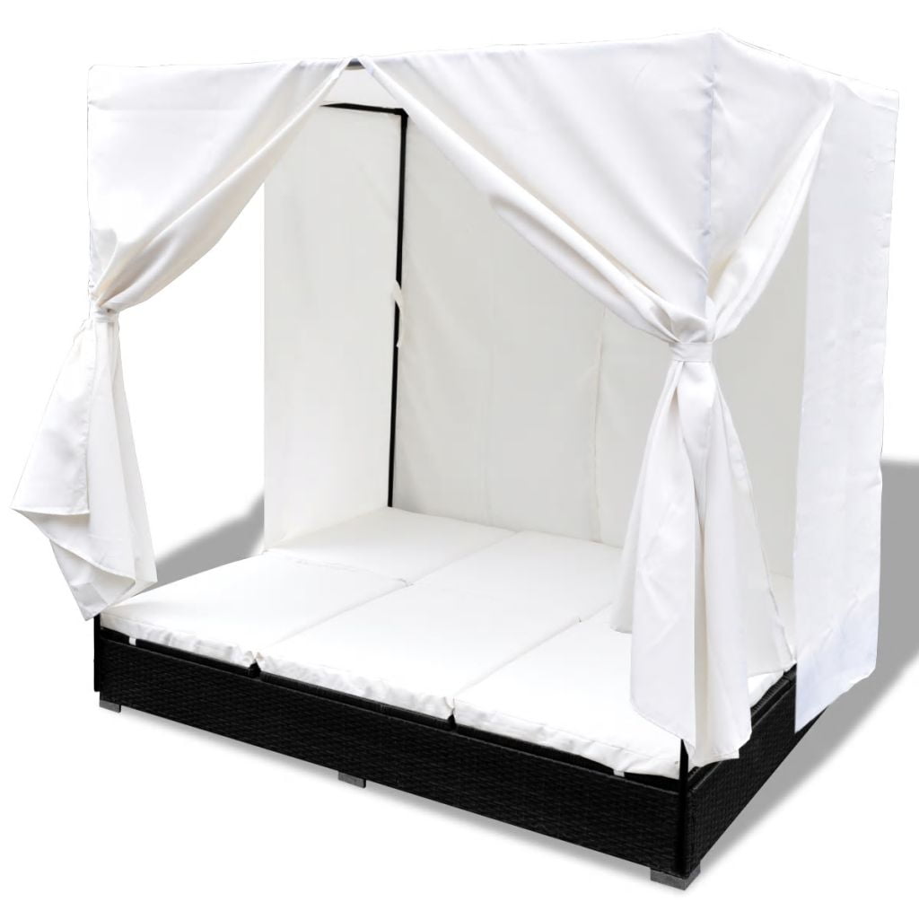 Kepooman Outdoor Poly 2-Seat Adjustable Rattan Lounge Bed with Removable Curtains for Patio Beach, Black Kepooman Outdoor Poly 2-Seat Adjustable Rattan Lounge Bed with Removable Curtains for Patio Beach, Black
