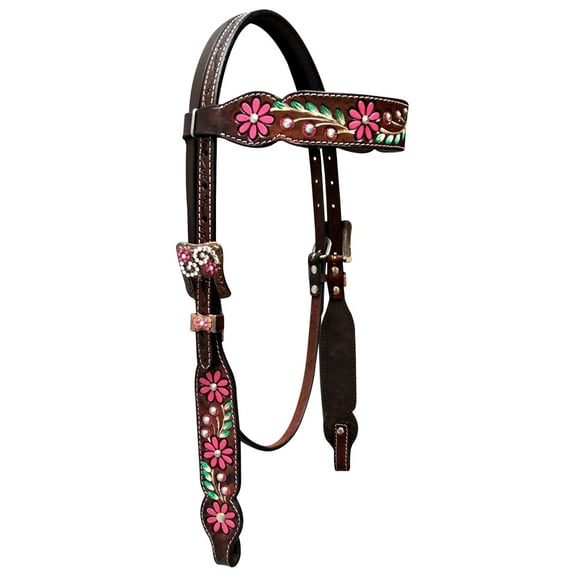 Bar H Equine Horse Leather Floral Hand Painted Headstall Brown
