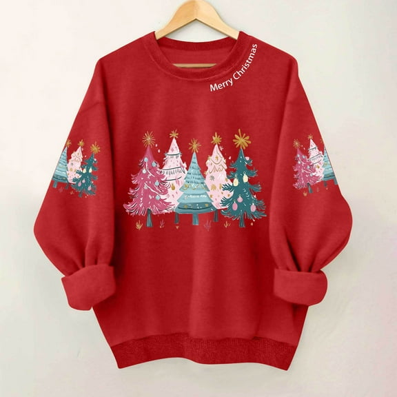 HOMBOM Sweatshirts for Women Festive Christmas Crewneck Light Up Red Xmas Gifts Adults Sweatshirt Tree