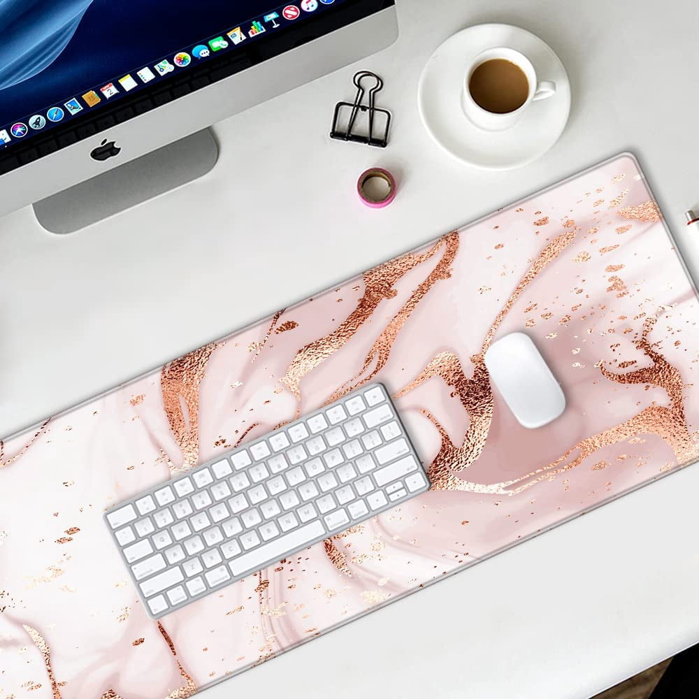 Desk Pad Protector,Mouse Pad with Non-Slip Rubber Base,Textured & Waterproof Mousepad with Stitched Edges,Large Desk mats for Computers,Office & Home,31.5 x 11.8 in,Rose Gold Marble