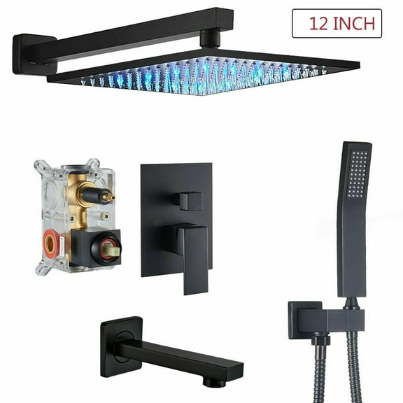 Zovajonia Matte Black Shower System 12 Inches Shower Faucet Set, Rain Shower Head with Handheld Spray Bathroom Wall Mount Shower Fixtures with Tub Spout