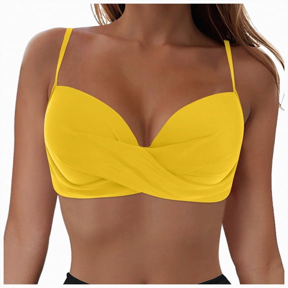 HCNTES Bikini Tops for Women Cropped Tankini Tops Beach Padded Cut Out Adjustable Spaghetti Straps Swimwear Top Only(L,a63-Yellow)