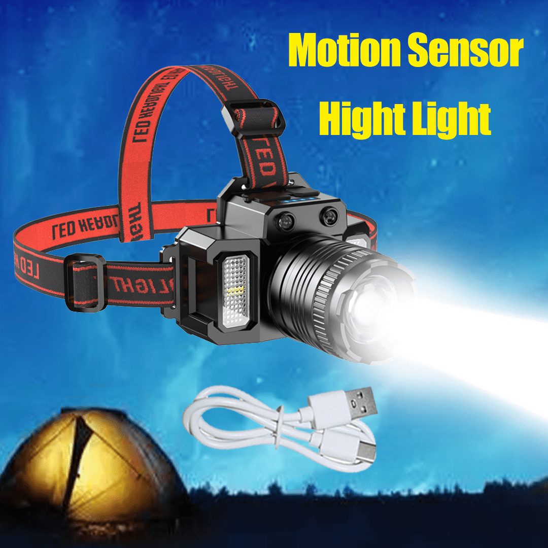 2-Pack Motion Sensor Headlamps, USB Rechargeable LED Headlight with Zoomable Beam, COB Side Light & Power Bank Function, 5 Modes Waterproof Head Torch for Camping, Hiking, Running