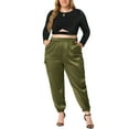 thumbnail image 2 of Pantalones cargo de satén para mujer de tallas grandes Agnes Orinda con cintura elástica y bolsillos, longitud hasta el tobillo, 2X color verde ejército, 2 of 7