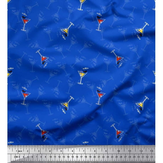 Soimoi Blue Cotton Voile Fabric Glass,Straw & Drinks Summer Designs Print Sewing Fabric Yard 42 Inch Wide
