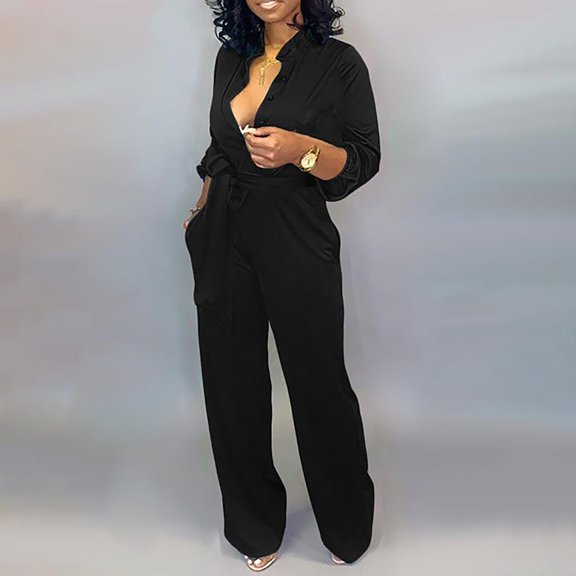 SEMPAI Womens Fashion Wide Leg Pants Pure Color Long Sleeve Jumpsuit With Belt