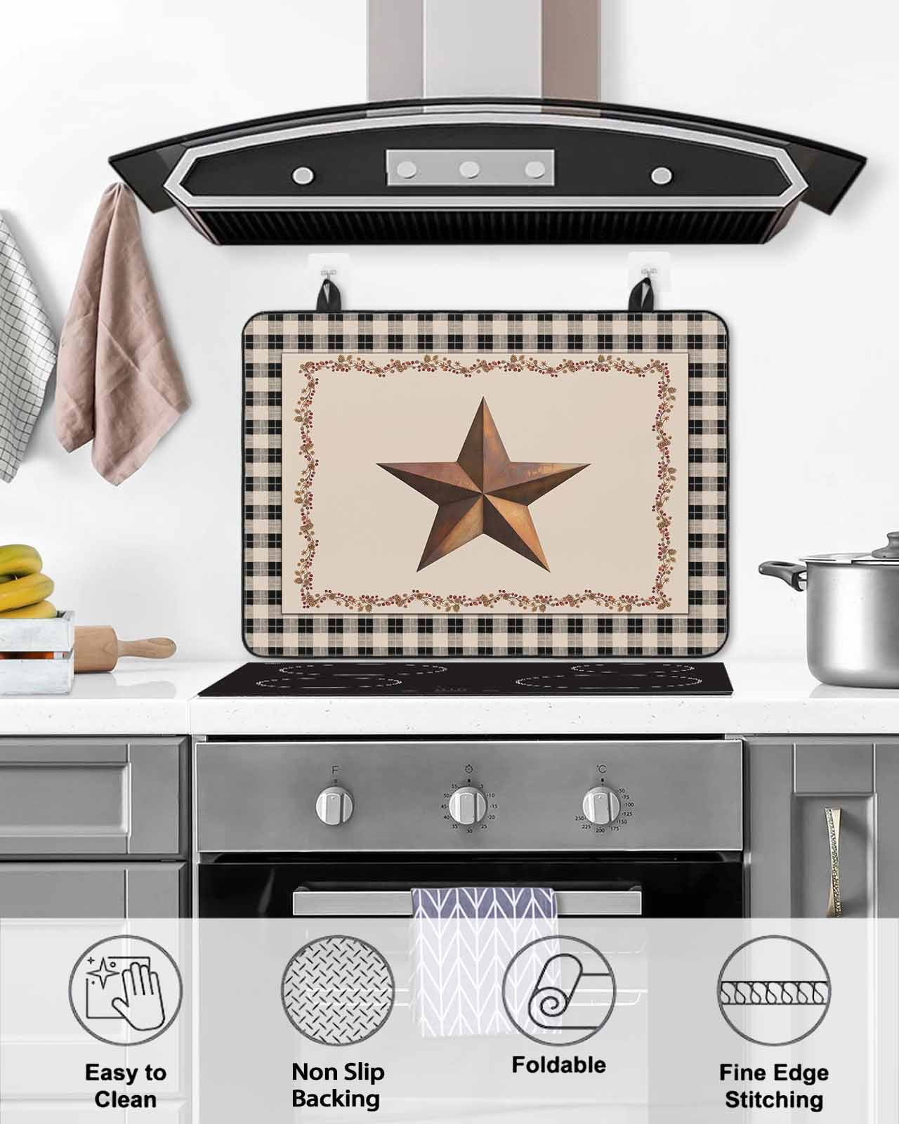 Large Induction Cooktop Protector Mat Western Texas Star Retro Stove Top Covers for Electric Stove, Rustic Vintage Berry Black Beige Plaid Decorative Stove Burner Cover Mats, Glass Top Stove Cover