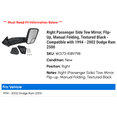 thumbnail image 2 of Right Passenger Side Tow Mirror, Flip-Up, Manual Folding, Textured Black - Compatible with 1994 - 2002 Dodge Ram 2500 1995 1996 1997 1998 1999 2000 2001, 2 of 2