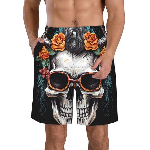 Fotbe Flower Horn Skull A Trajes de Baño Estampados para Hombre, Shorts de Verano de Secado Rápido, Ropa de Playa, Bañadores-XX-Large