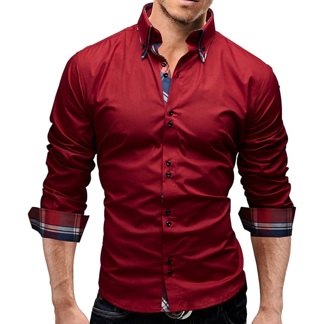 Camisa de manga larga color vino tinto, solapa de color puro, corte ajustado, transpirable y cómoda para el trabajo o viajes de negocios, talla 3XL