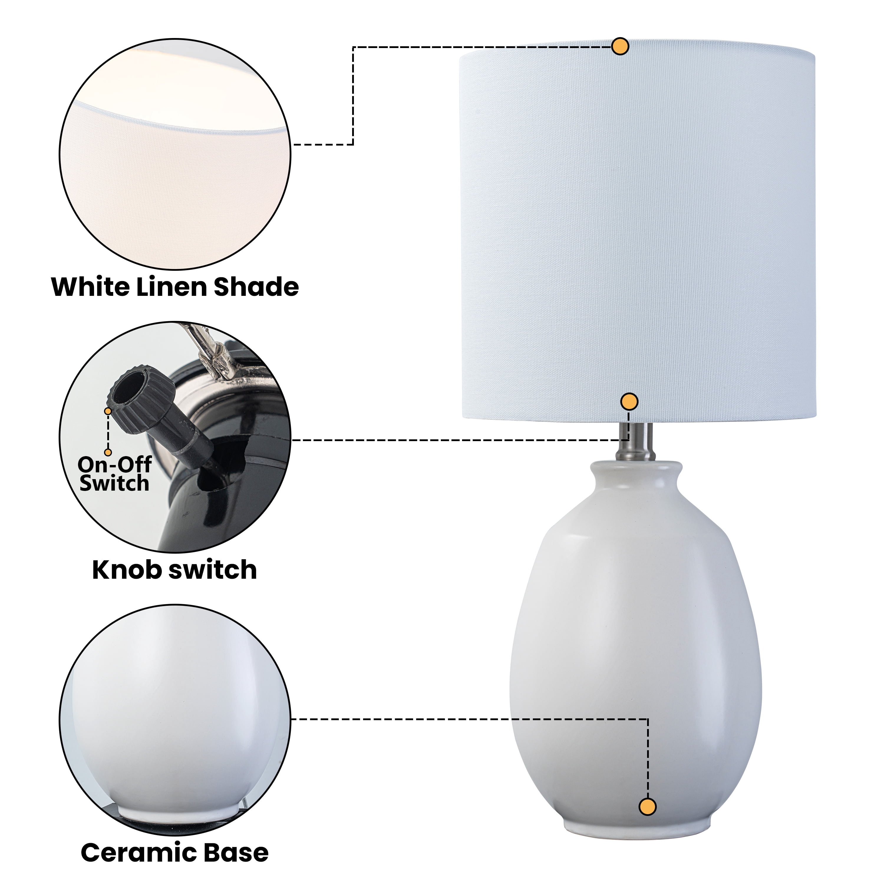 C Cattleya 19in. White Glossy Ceramic Table Lamp with White Linen Shade and Brushed Nickel Lamp Neck