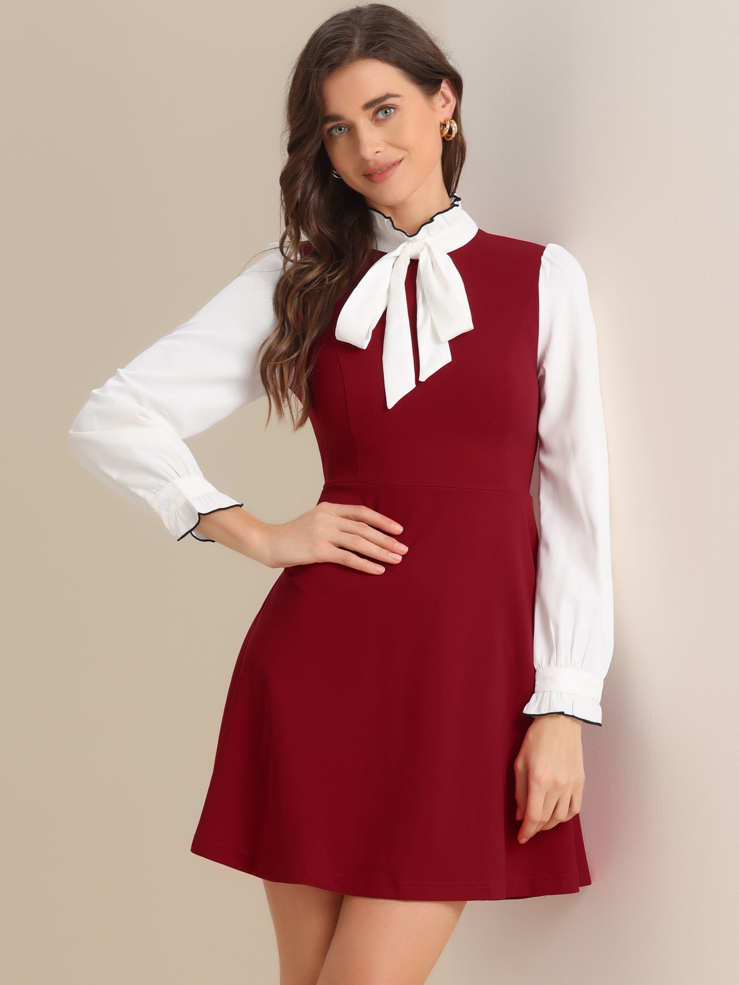 DARING DIVA Contrast Tie Neck Long Sleeve Elegant A-Line Dress XS Red