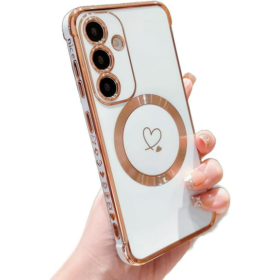 Compatible with MagSafe Samsung Galaxy S24 Case, Luxury Love Heart Pattern Plating Cover Soft TPU Shockproof Compatible with Samsung Galaxy S24 Case 6.2inch (White)
