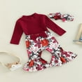 thumbnail image 3 of MesaSe Infant Girl Autumn Clothes Set  Solid Color Ribbed Long Sleeve High Neck Romper + Flower Leaf Print Flare Pants + Headband, 3 of 9