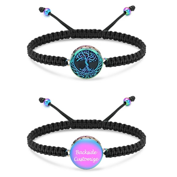 Personalize Stainless Steel Moon & Tree of Life Print Locket Adjustable Braided Rope Bracelet Funeral Urns Bracelet for Cremation Ashes Keepsake Bangle