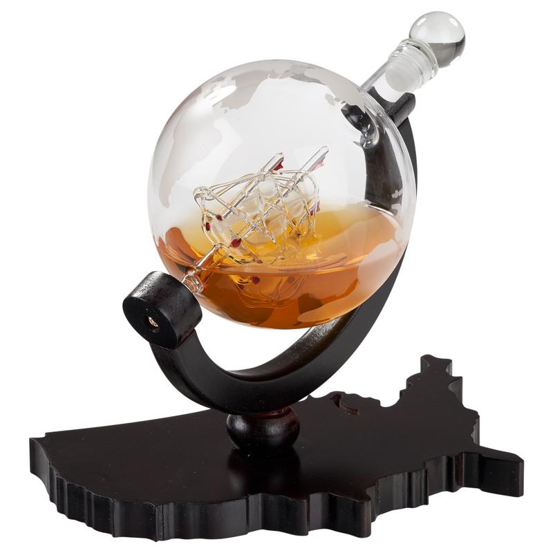 Elegant Whiskey Decanter Set - Etched Globe Design Glass Decanter on USA Map Tray - Impressive Bar Set - image 1 of 7