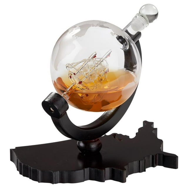 Elegant Whiskey Decanter Set - Etched Globe Design Glass Decanter on USA Map Tray - Impressive Bar Set