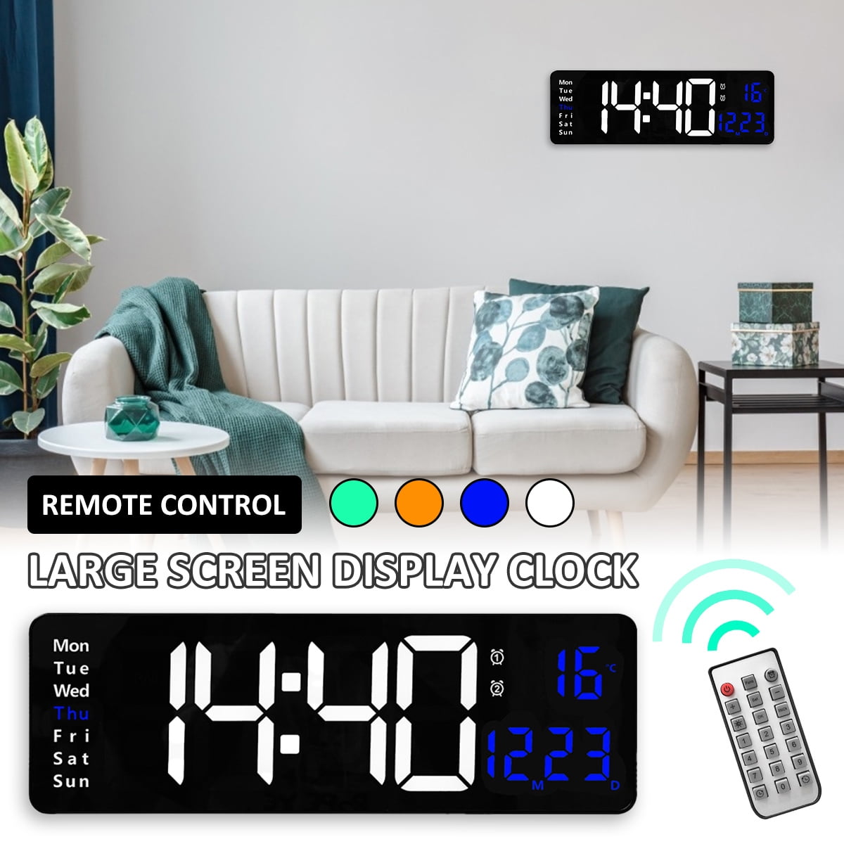 THRENS 16'' LED Digital Wall Clock with Remote Control Large Display 10