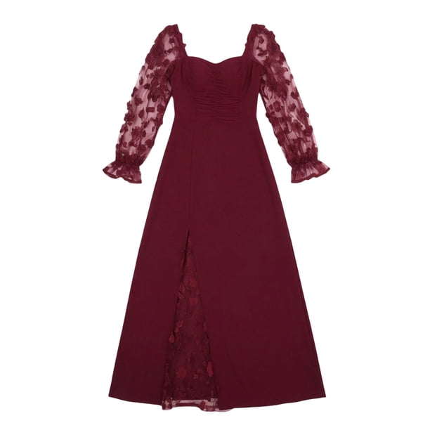 patchwork formal dress Women's Lace Sleeve Maxi Square Neck Ruched Slit Lace Evening Gown for Wedding Guest occasions: prom 2026