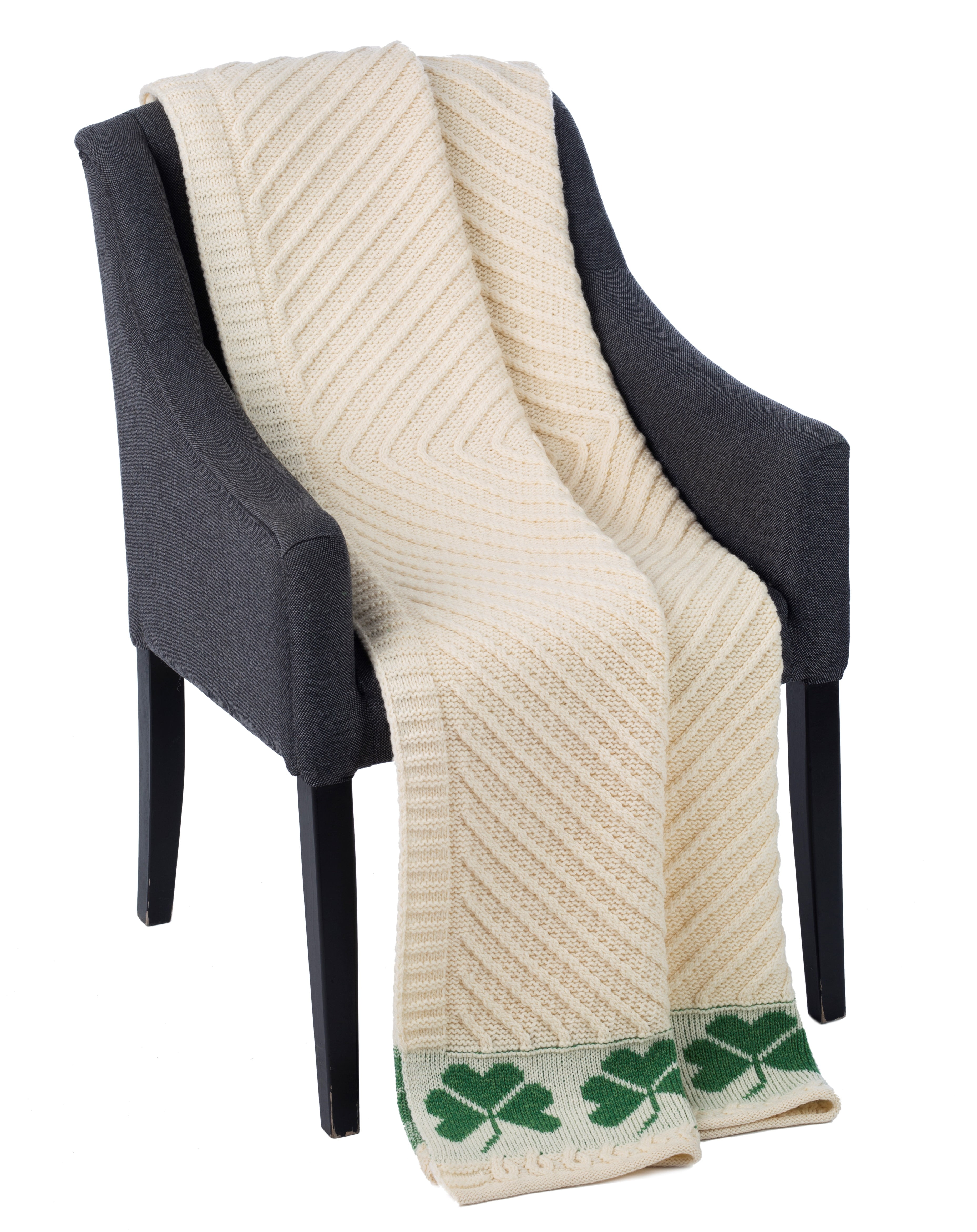 Irish Throw Blanket with Shamrocks 100 Merino Wool Cable Knit Warm