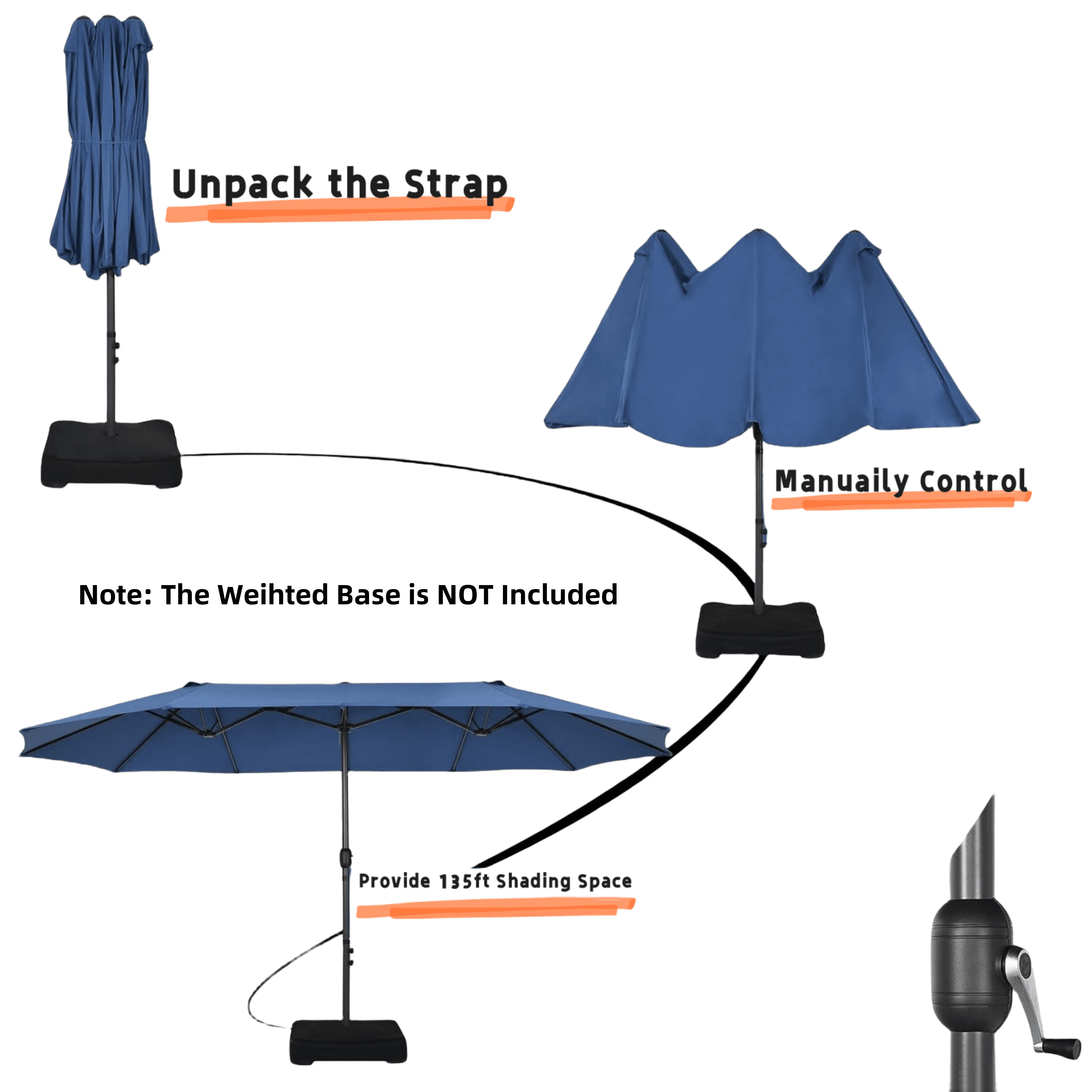 VOOYA HOME 15ft Large Patio Umbrellas Base NOT Included, Outdoor Double-Sided Umbrella with Crank Handle, UV Protective for Pool, Lawn Garden, Backyard (Pole Diameter 1.9 inch) Navy Blue
