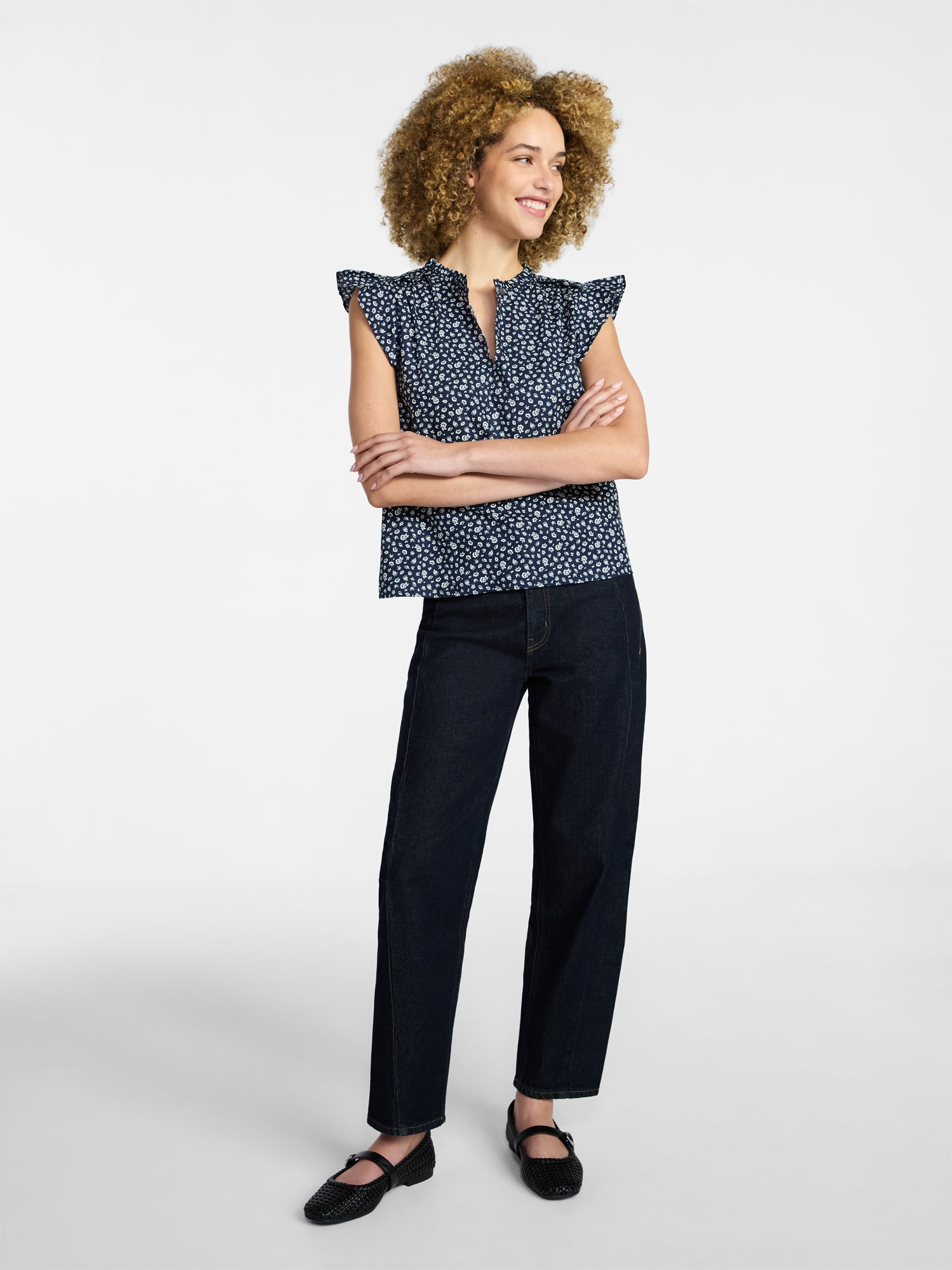 Time and Tru Women's Cotton Split Neck Top with Flutter Sleeves, Sizes XS-XXXL